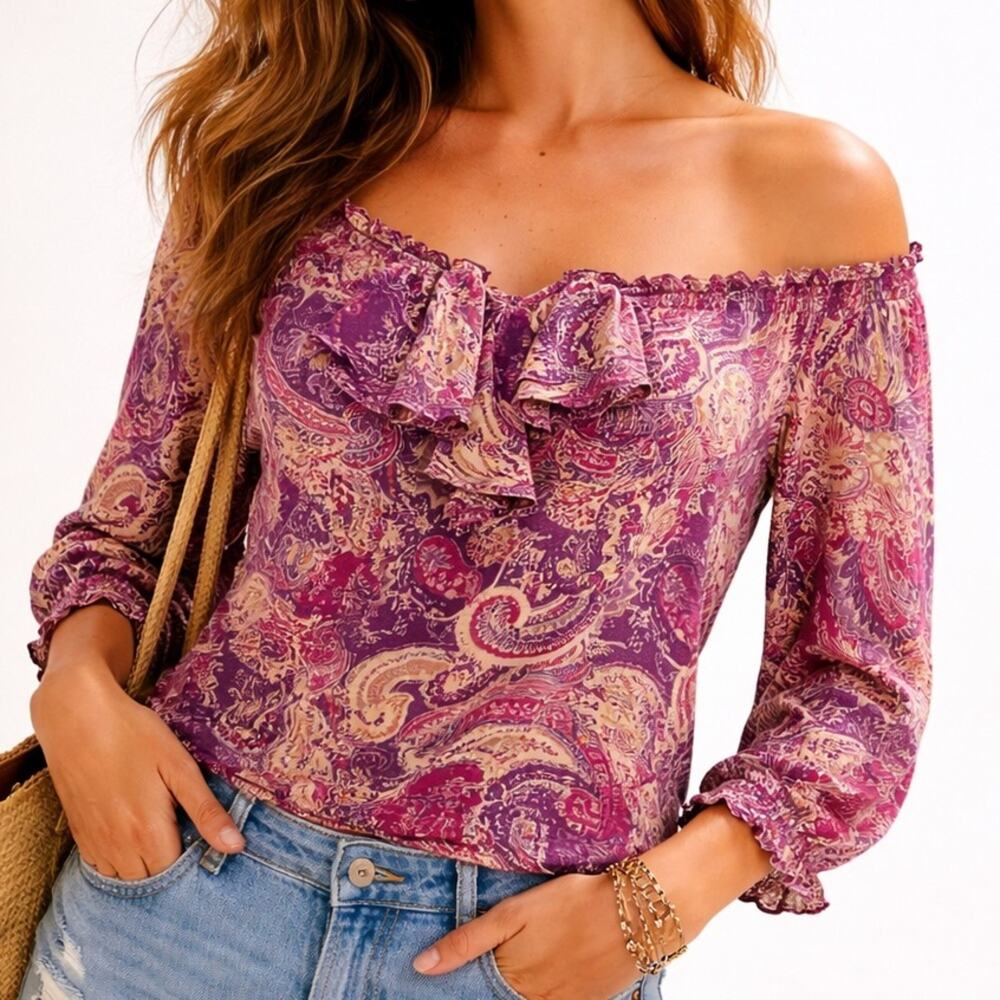 Lauren Ralph Lauren Paisley Ruffle Peasant Top Purple Pink Boho Large